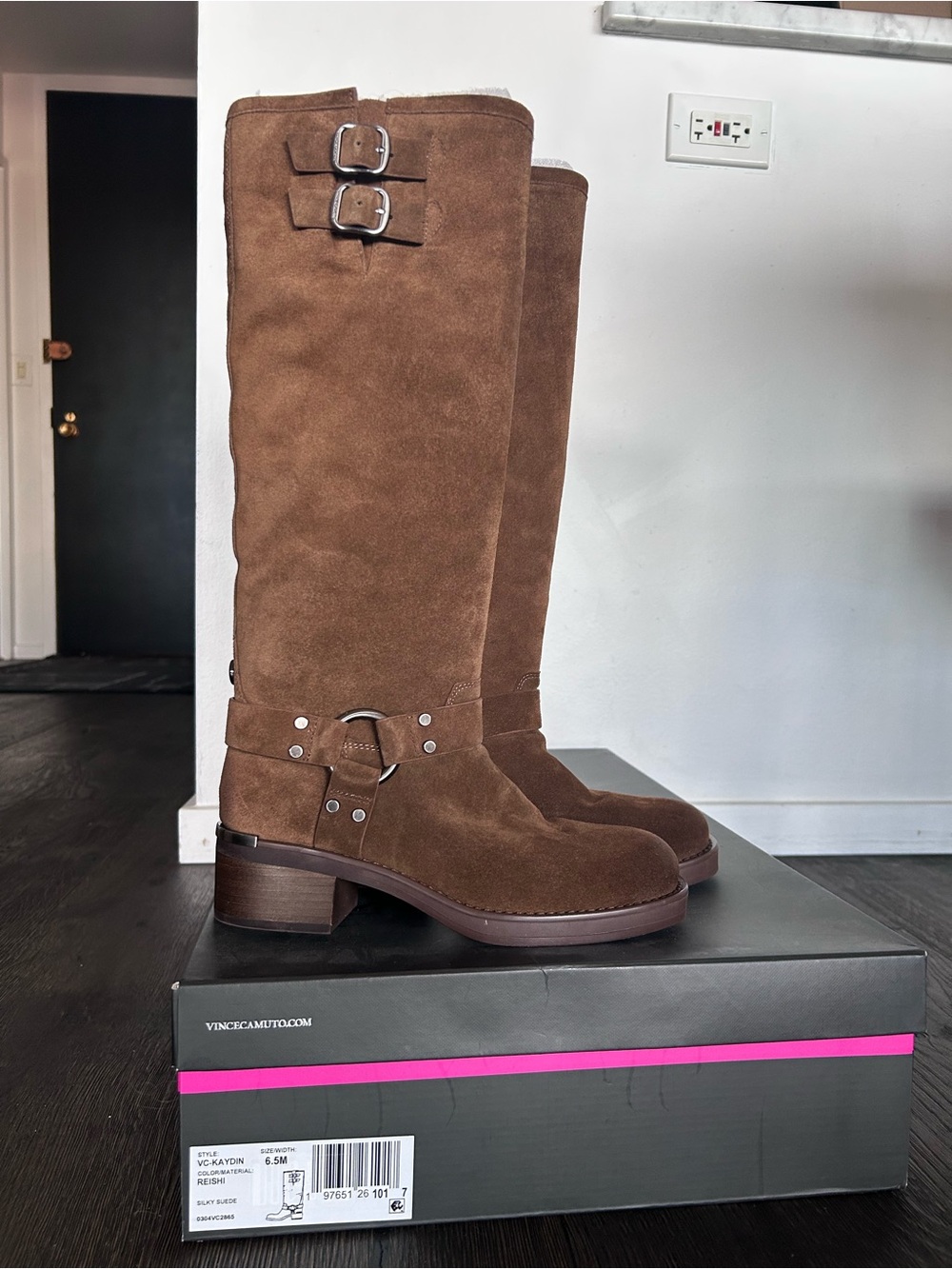 Vince Camuto Chestnut Brown Suede Knee High Moto Boots